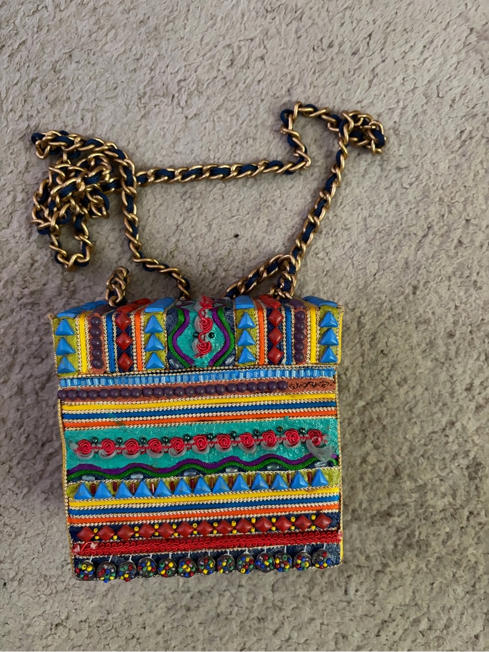 Mary Frances vintage  Crossbody box Bag with Gold Chain. Statement piece.